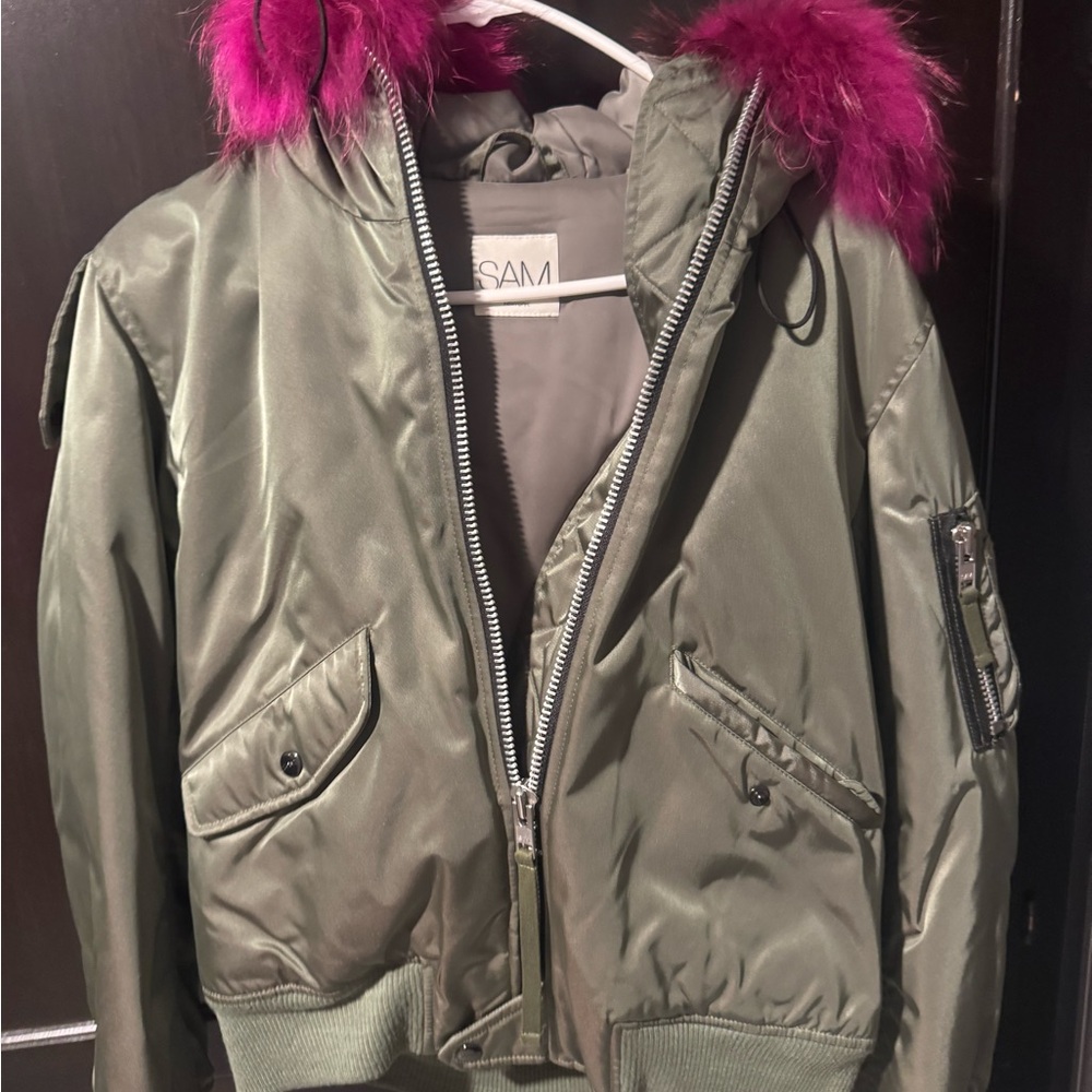 SAM. Olive Bomber Jacket with Pink Fur Trim